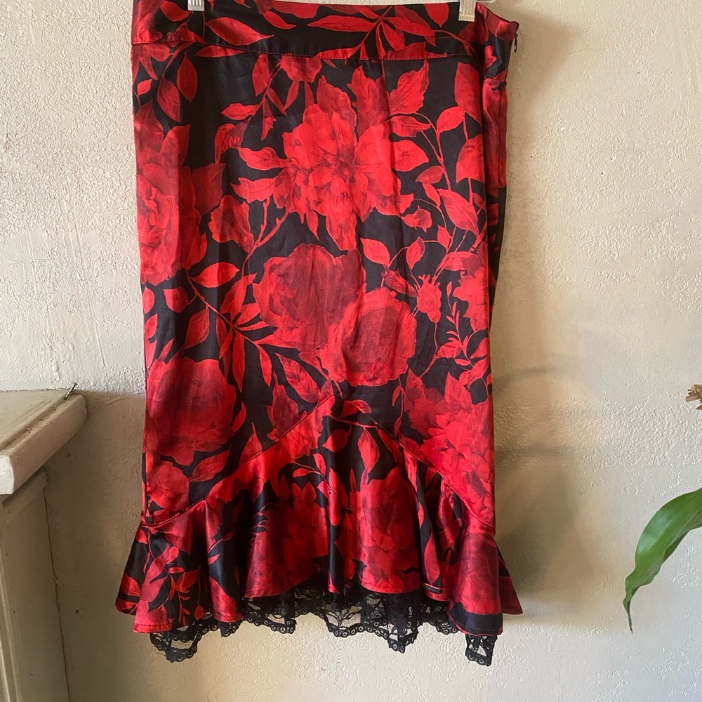 XOXO Red and Black Asymmetrical Floral Silk Skirt